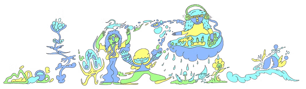 A crowd of cartoon musicians playing music
